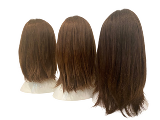 Shows 3 different lengths of Slavic brown hair wigs from left to right is 15”; 16” and 19”