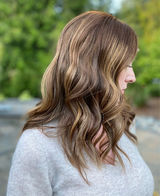 Side view virgin brunette wig with highlights 