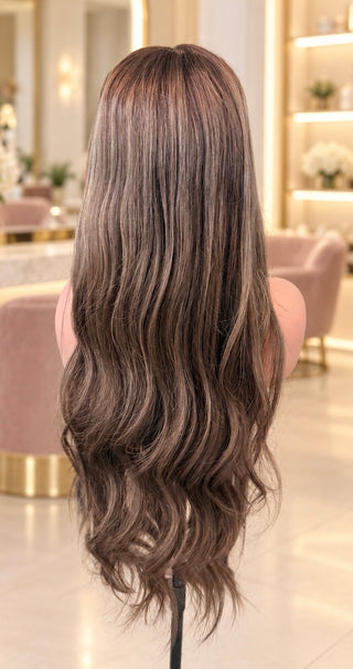 The Emilia | Cool Mocha Brunette with Ash-Beige Highlights | Remy Human Hair Wig (Pre-Order)