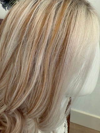 22” Mongolian buttercream blonde  (partial hand tied silk top) small
