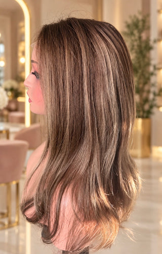 The Emilia | Cool Mocha Brunette with Ash-Beige Highlights | Remy Human Hair Wig (Pre-Order)