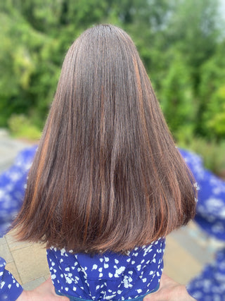 Back view luxury brunette human hair wig with balayage 