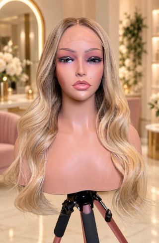 The Camille | Dimensional Champagne Blonde with Taupe Root | Remy Human Hair Wig (Pre-Order)