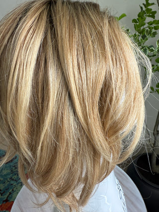 Up close view  of 15” hand tied European hair wig  
