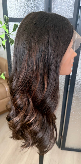 The Elara | 23” Rich Brunette with Caramel Balayage | Remy Human Hair