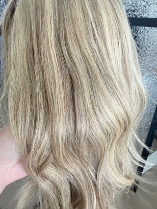 The Isla | 23” Dimensional Natural Blonde and Brown Rooting | 100% Hand-Tied | Remy Human Hair