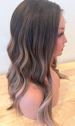The Cecily | Deep Brunette with Taupe-Beige Balayage | Premium Mongolian Human Hair