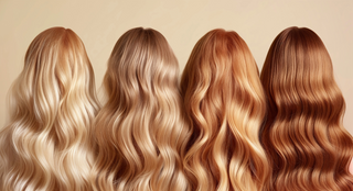 picture showing four different human hair wigs of various colors from blonde to auburn 