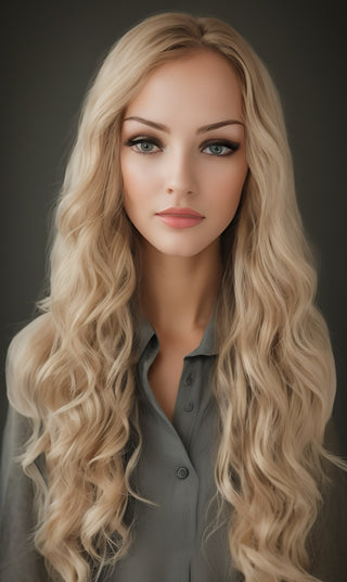 shows front view of 27" mongolian hair wig with long layers and curls added 