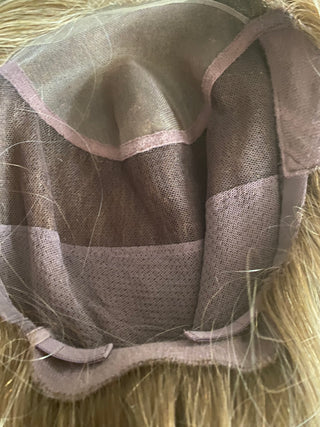 photo shows hand tied cap construction with mesh cap, monofilament top, and velvet ear tabs and nape with velcro adjusters 