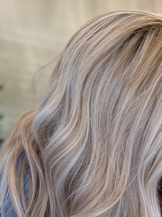 realistic coloring blonde wig with lowlights indoors