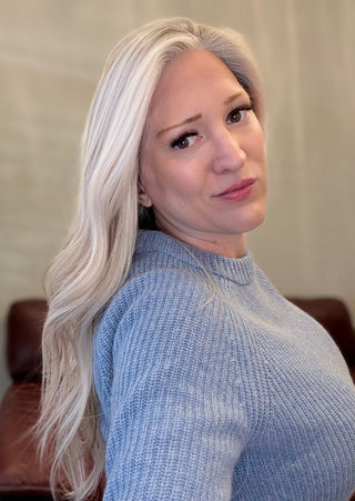 realistic coloring blonde wig with lowlights indoors 